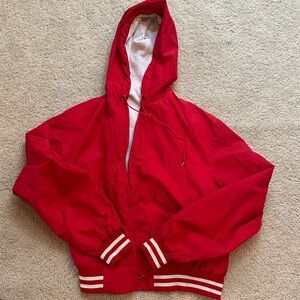 Vintage LL Bean Casco Bay Red Hooded Windbreaker Jacket with Striped Cuffs